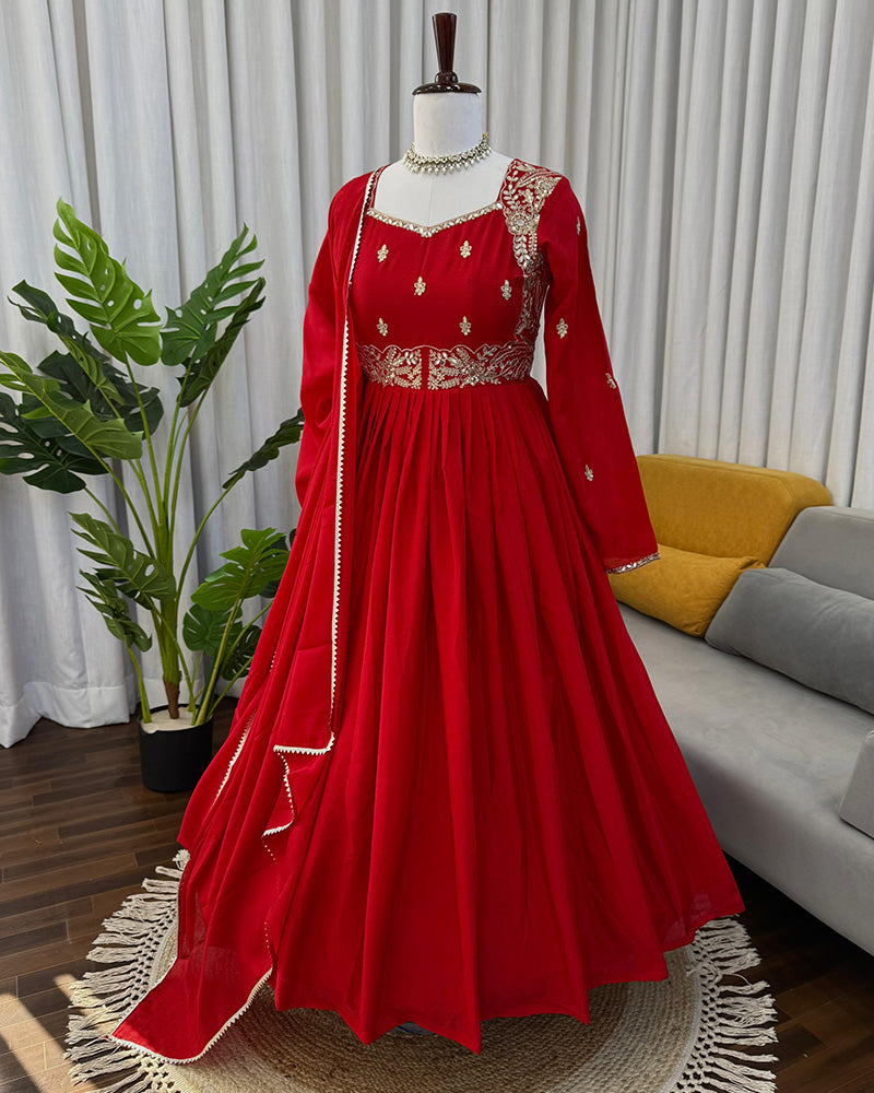 Red Color Pure Chinon Embroidered Three Piece Anarkali Suit