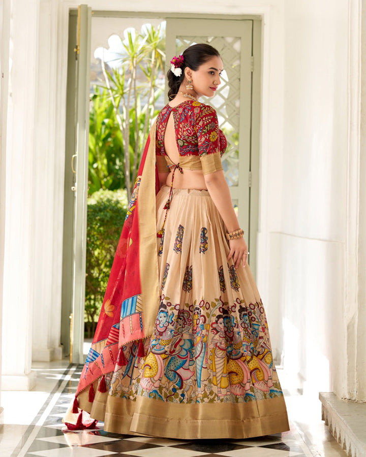 Cream Color Dola Silk Designer Kalamkari Print Half Saree