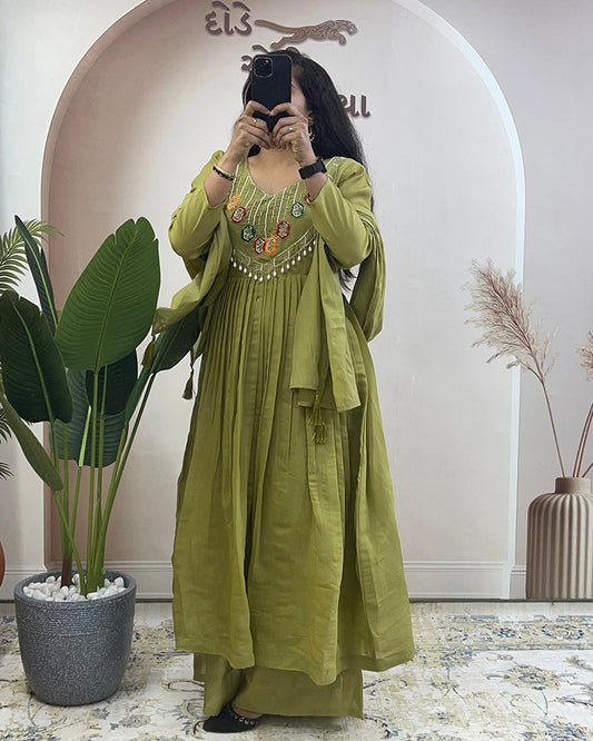 Olive Green Color Pure Mal Chanderi Plazzo Suit