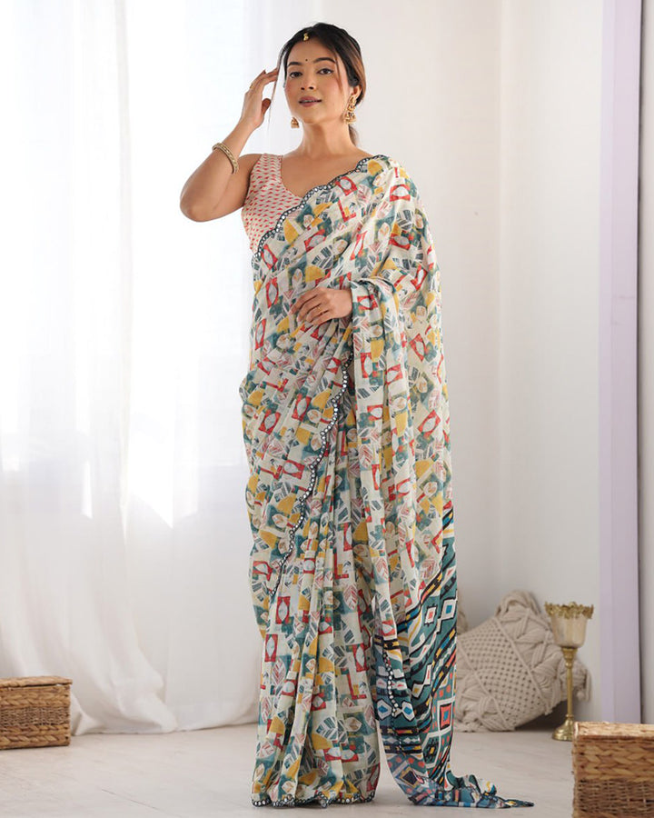 Off-White Color Chinnon Silk Printed Saree