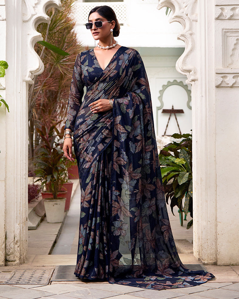 Navy Blue Color Lurex Brasso Viscose Saree