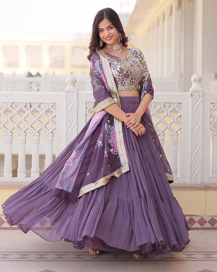 Designer Lavender Color Faux Georgette Three Layer Lehenga Choli