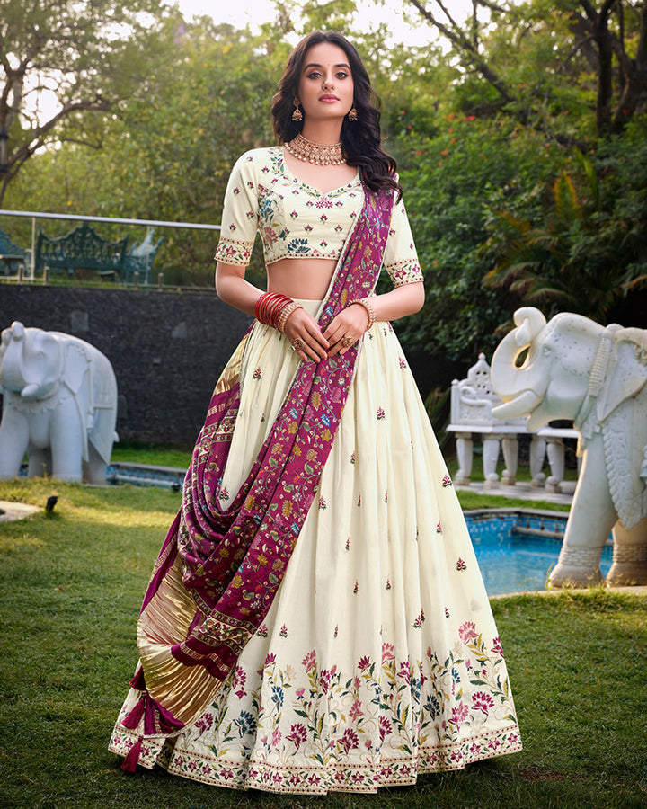 Flower Design Off-White Color Khadi Cotton Embroidered Lehenga Choli