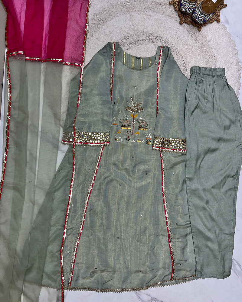 Pista Color Shimmer Silk Three Piece Kurti Suit