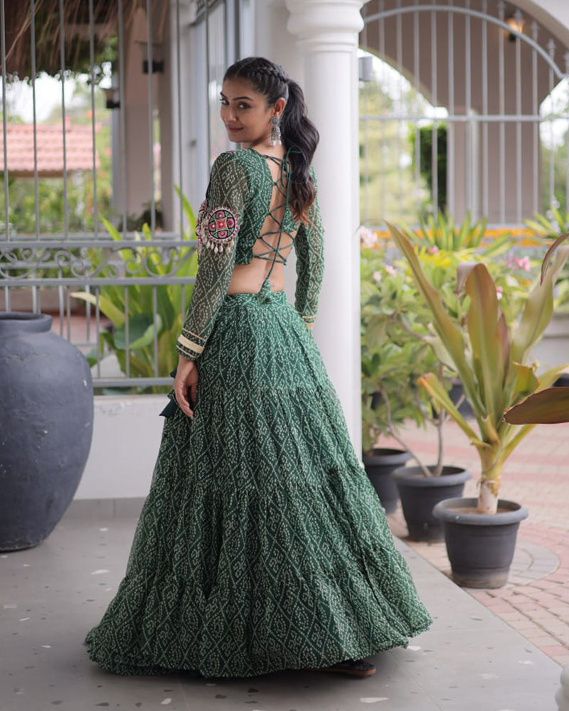 Four Color Bandhani Printed Faux Georgette Navratri Lehenga Set