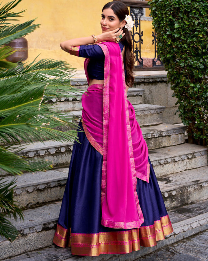 Designer Navy Blue Color Poly Cotton Half Saree