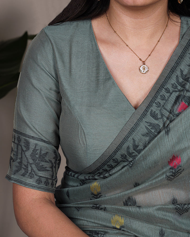 Dark Firozi Color Thread Weaving Poly Cotton Saree