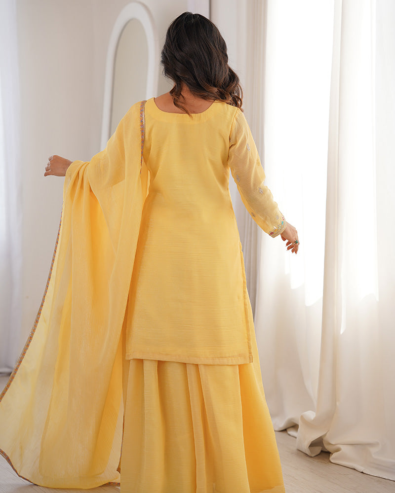 Yellow Color Crunchy Silk Embroidered Plazzo Suit