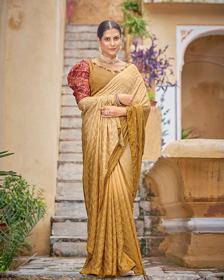 Base Yellow Color Chinnon Sequence Saree