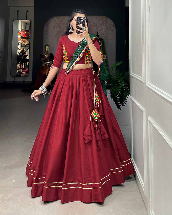 Designer Maroon Color Cotton Fully Stitched Lehenga Choli With Bandhej Dupatta