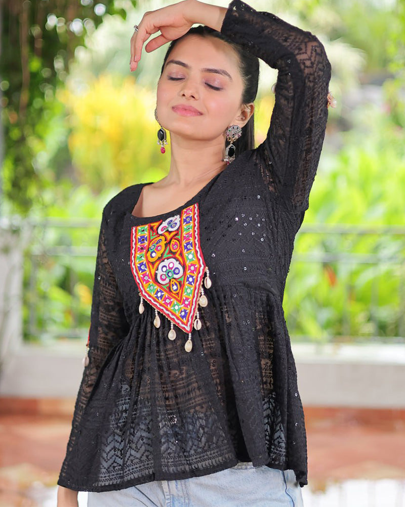 Black Color Georgette Lucknowi Work Navratri Kediya