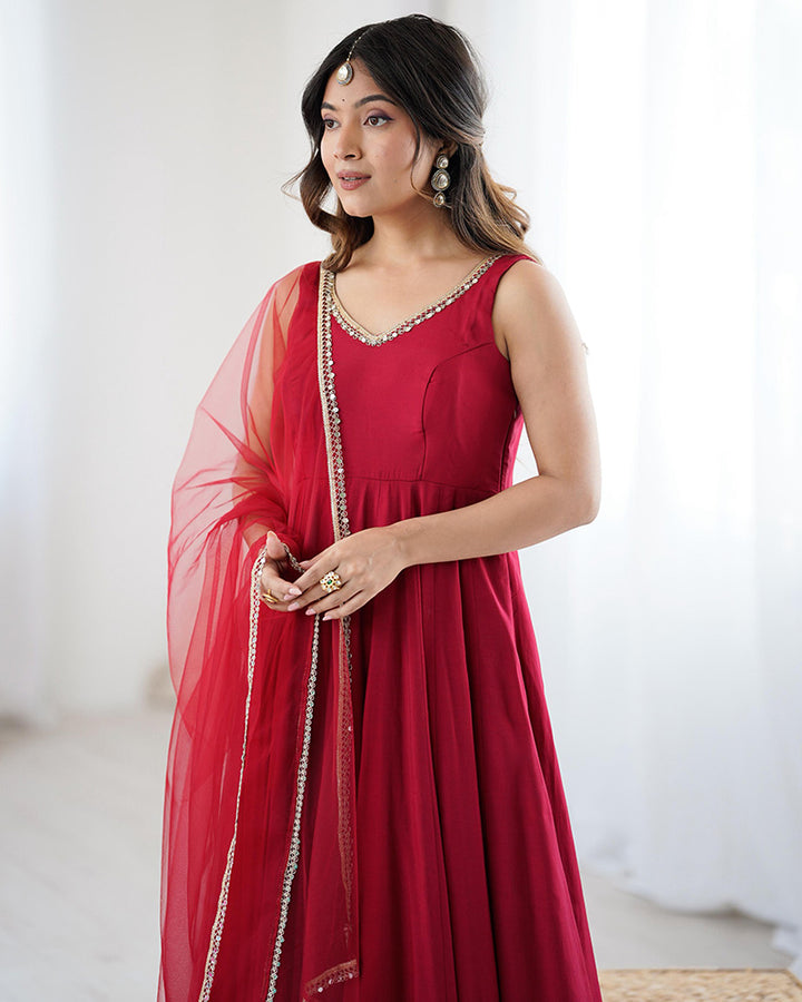 Designer Maroon Color Roman Chanderi Silk Anarkali Suit