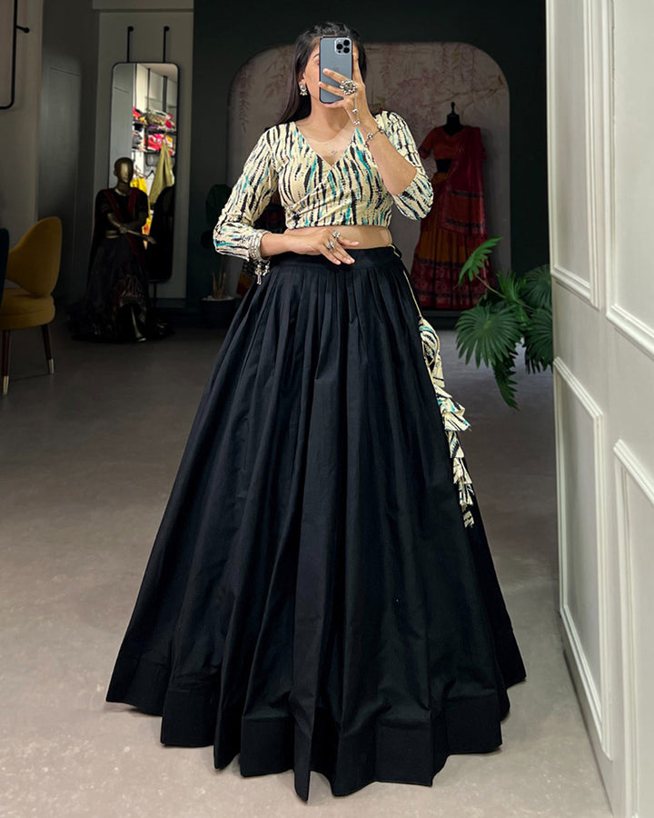 Navy Blue Color Cotton Shibori Printed Navratri Lehenga Choli