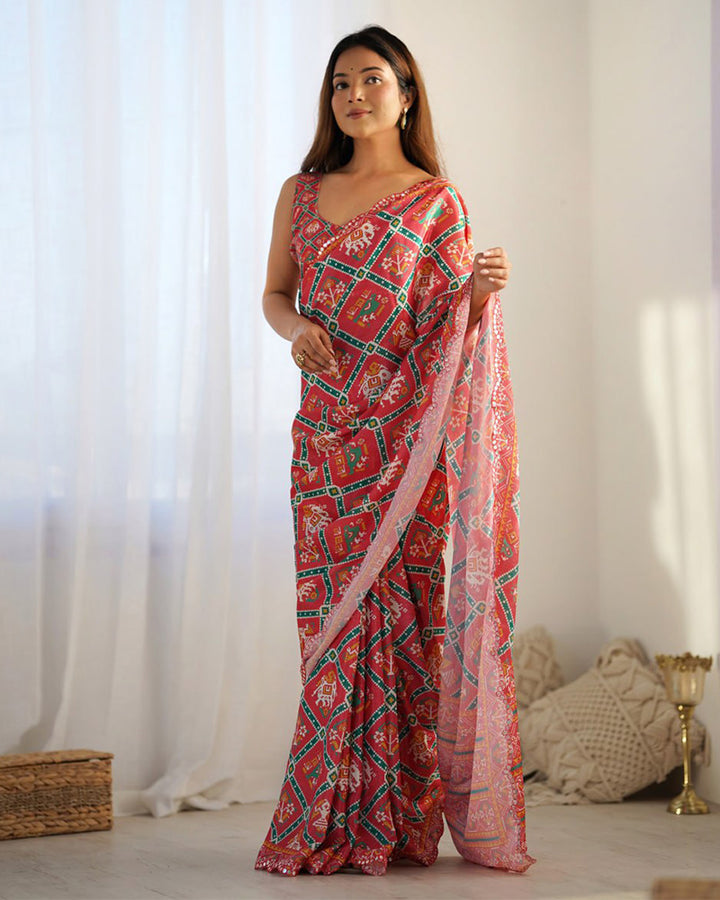 Tomato Color Chinnon Silk Printed Saree