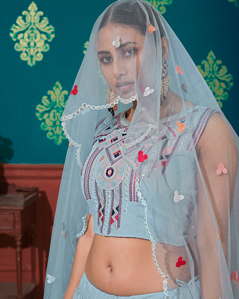 Sky Blue Color Cotton Thread Embroidered Lehenga Choli