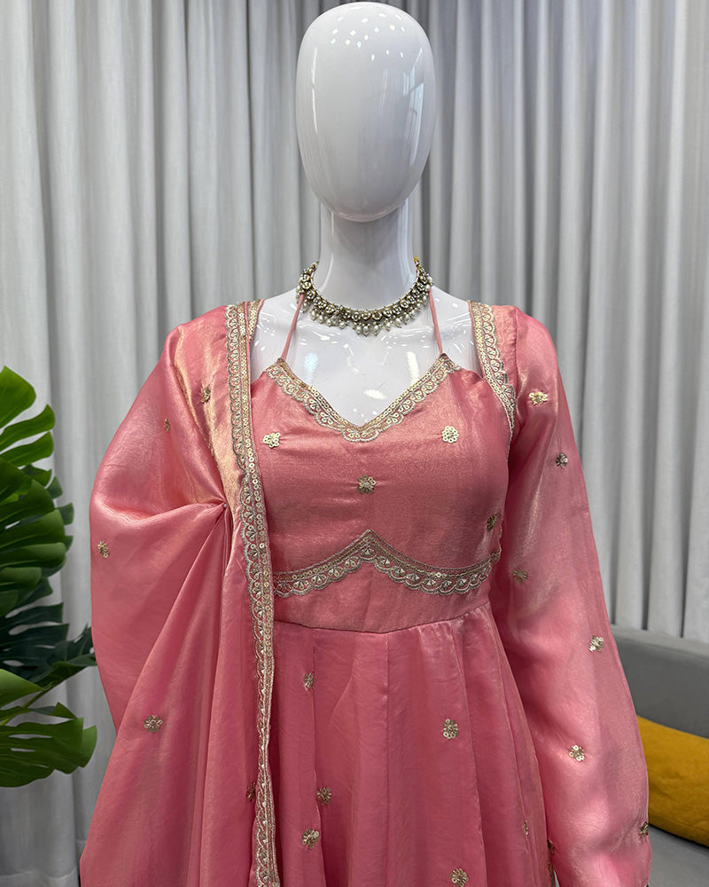 Peach Color Fendi Silk Thread Embroidered Anarkali Suit