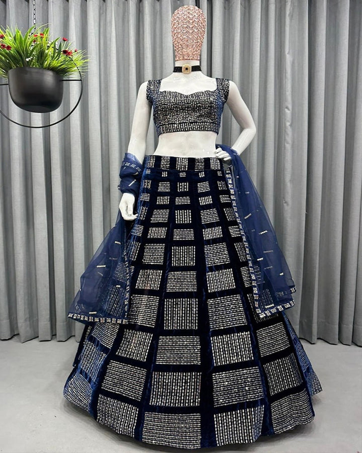 Sequence Box Blue Designer velvet Lehenga Choli