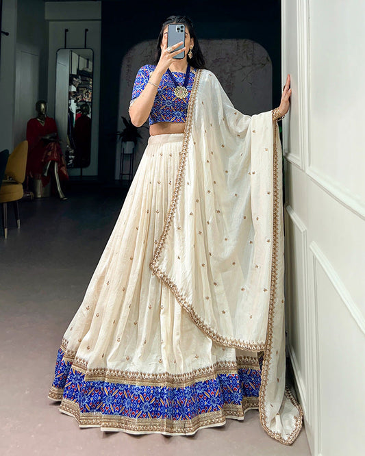 Off-White Color Vichitra Silk Sequence Embroidered Lehenga Choli