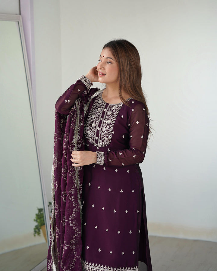 Wine Color Blooming Rangoli Silk Three Piece Salwar Suit
