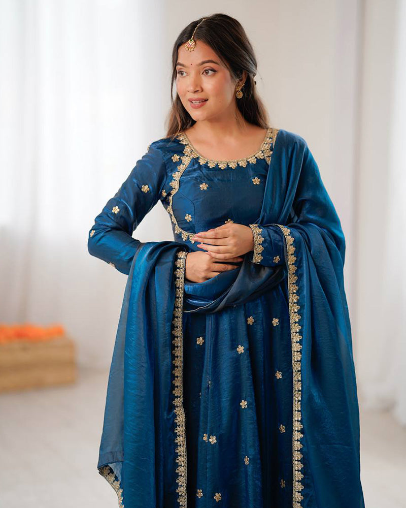 Navy Blue Color Fendi Silk Thread Embroidered Anarkali Suit