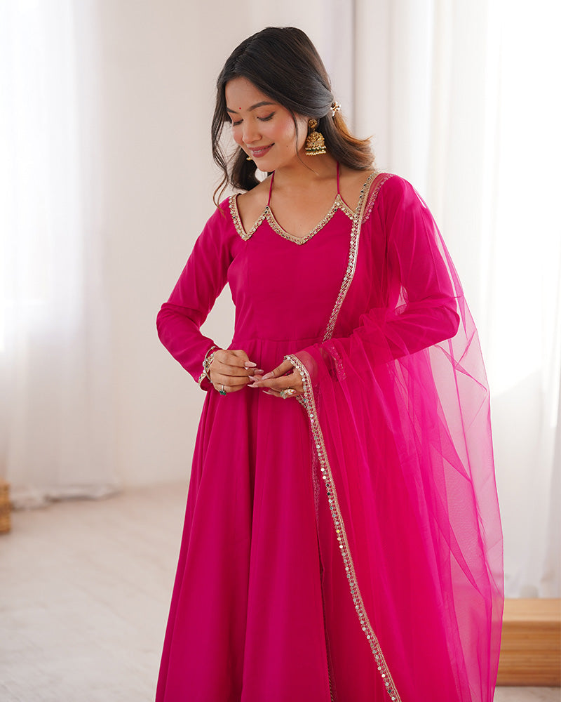 Rani Pink Color Chanderi Roman Silk Three Piece Anarkali Suit