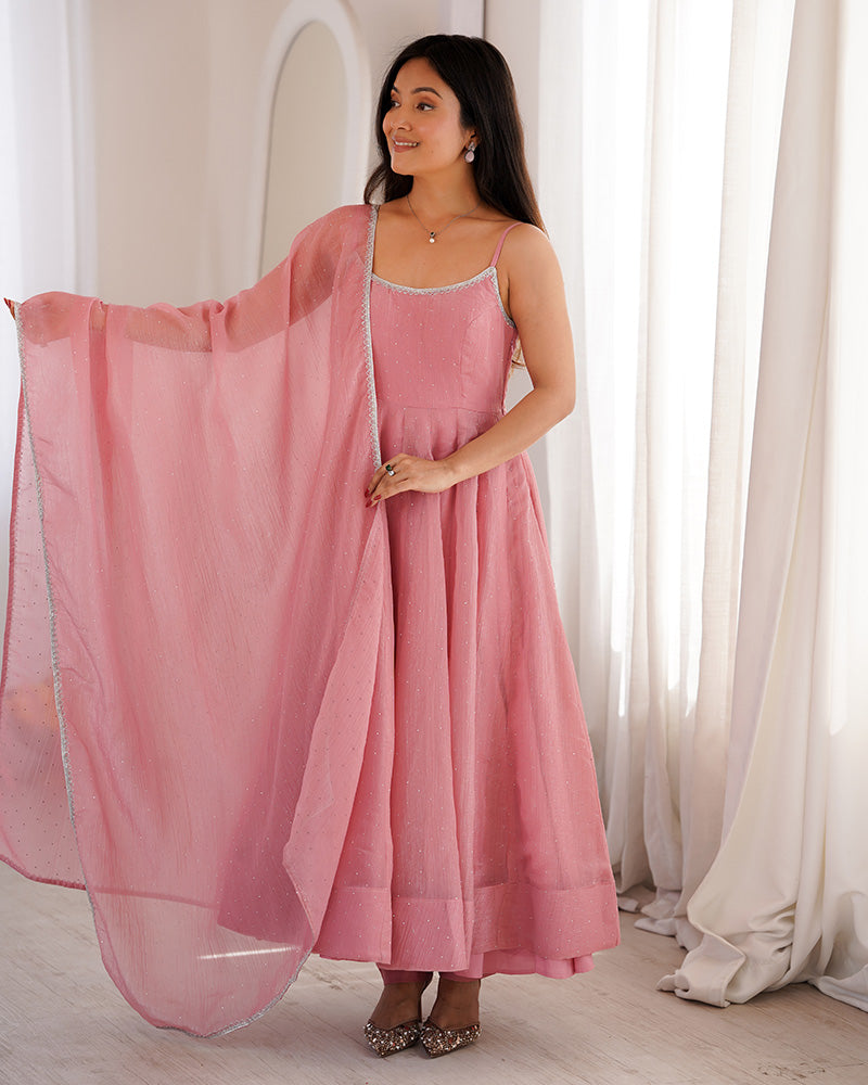Dusty Pink Color Crunchy Silk Three Piece Anarkali Suit