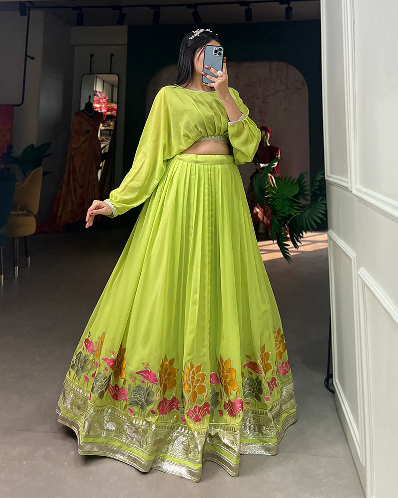 Designer Parrot Color Georgette Crop Top Lehenga Choli