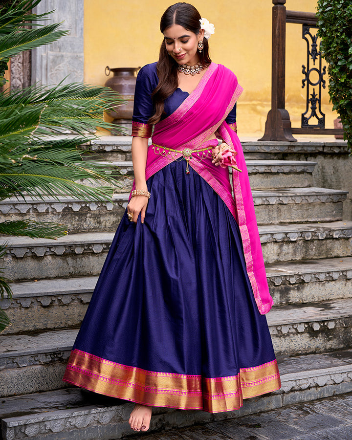 Designer Navy Blue Color Poly Cotton Half Saree