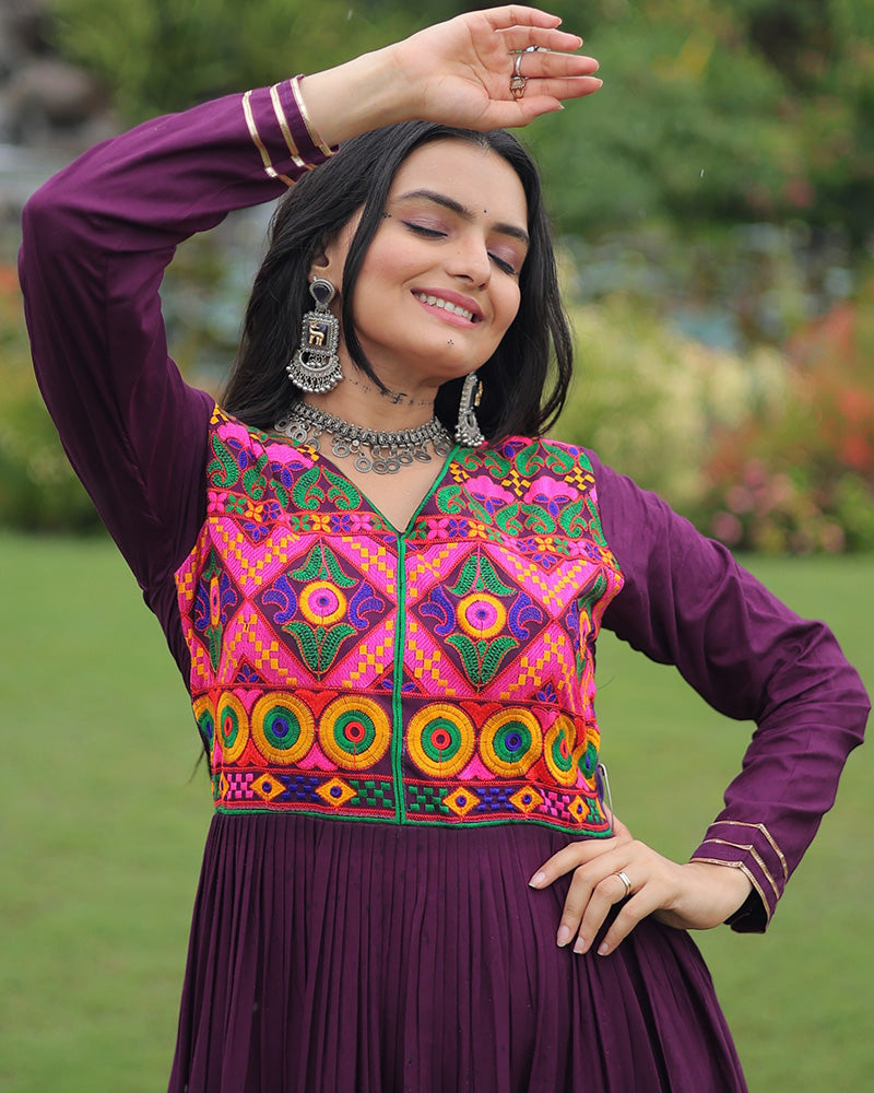 Designer Wine Flared Navratri Gown With Mirror Work Yoke