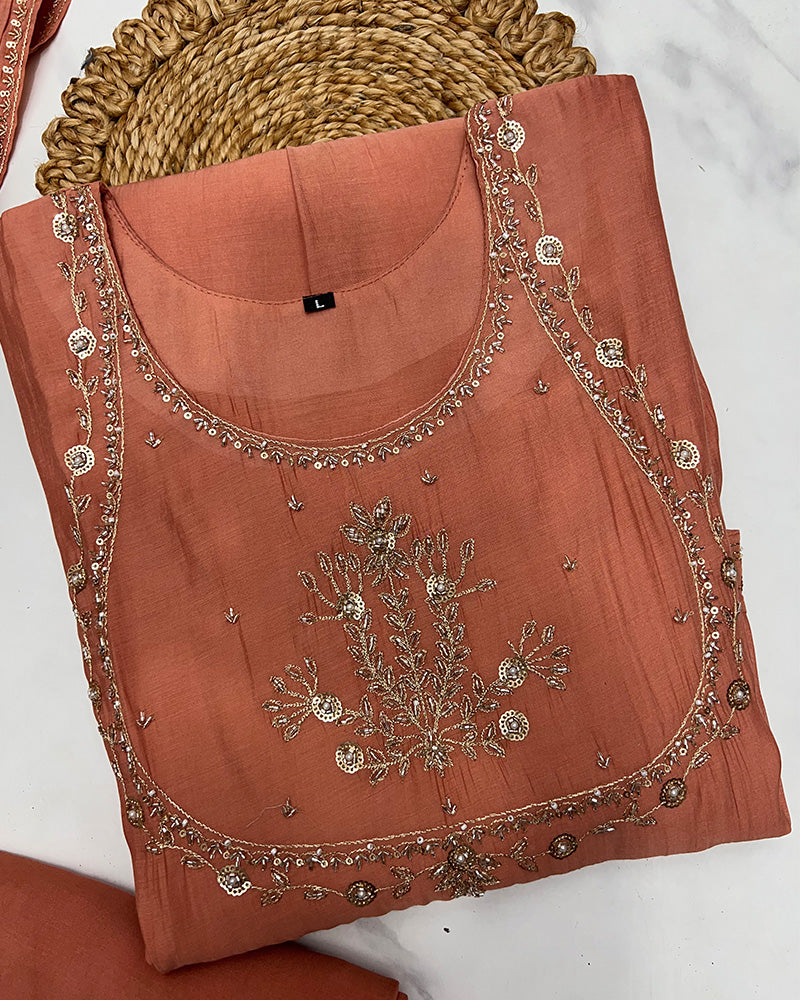 Peach Color Mal Cotton Three Piece Kurti Suit