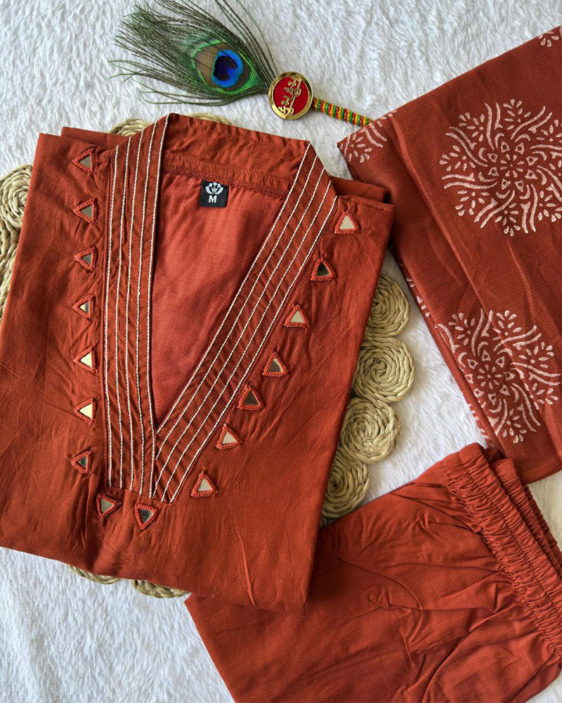 Rust Orange Color Pure Cotton Three Piece Kurti Suit