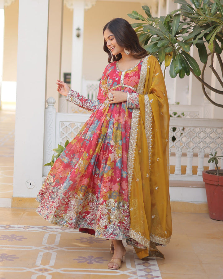 Off White Floral Soft Georgette Three Piece Anarkali Suit