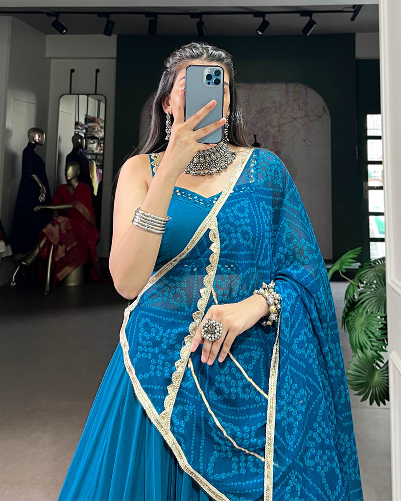Elegant Teal Green Color Rayon Navratri Lehenga Choli