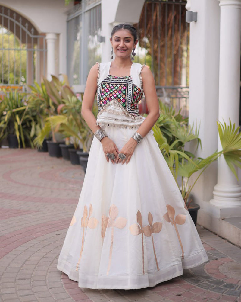 Six Color Roman Silk With Gota Patti Work Navratri Lehenga Set