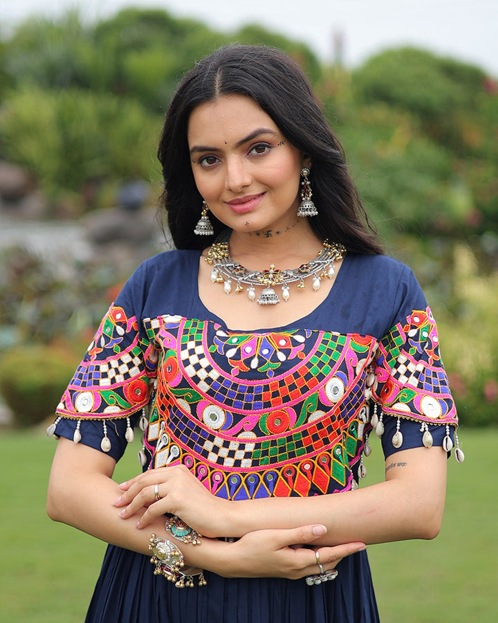 Navratri Wear Royal Blue Color Rayon Gamthi Work Gown