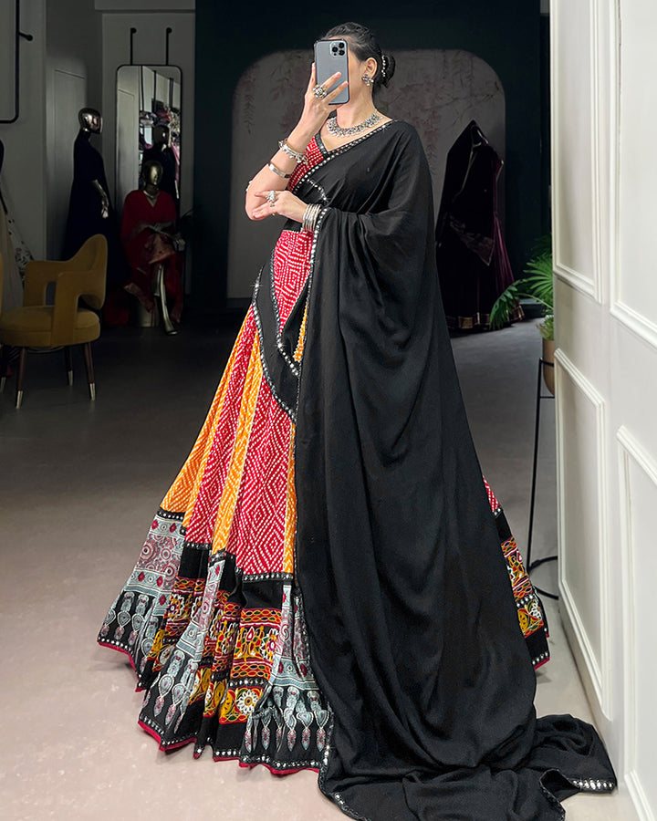 Red And Yellow Color Traditional Rayon Navratri Lehenga Choli