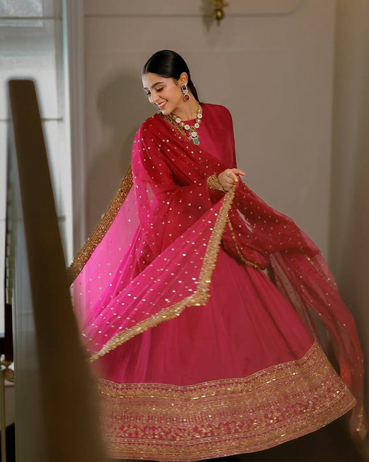 Rani Pink Color Pure Rayon Embroidered Anarkali Suit