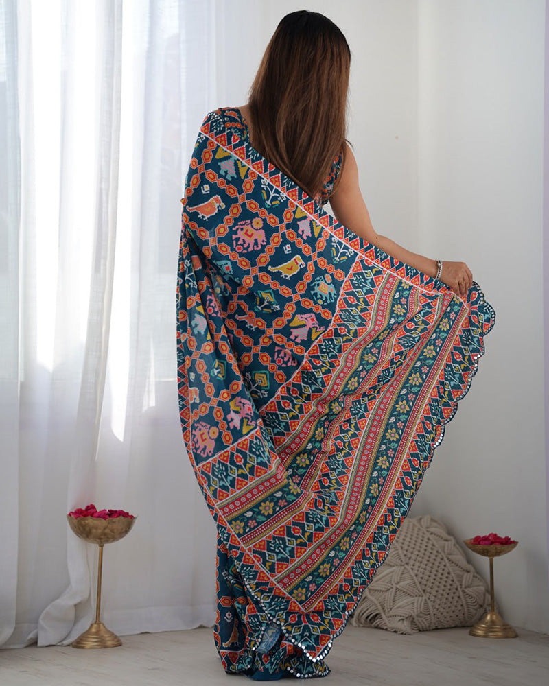 Rama Color Chinnon Silk Printed Saree