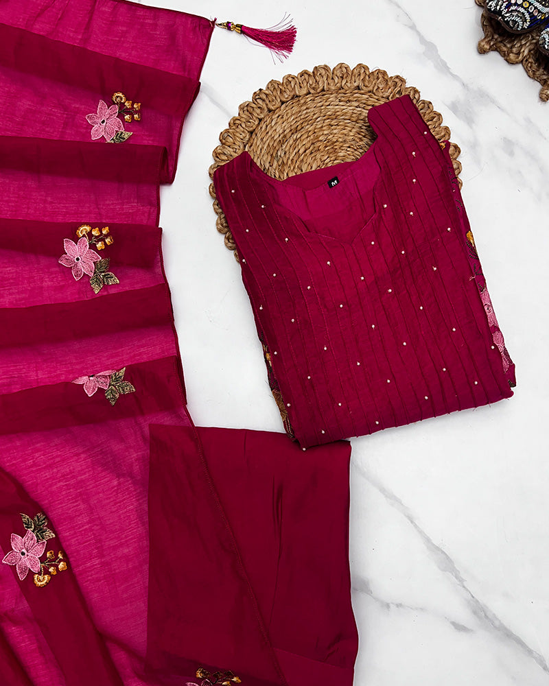 Rani Pink Color Roman Chanderi Silk Embroidered Plazzo Suit