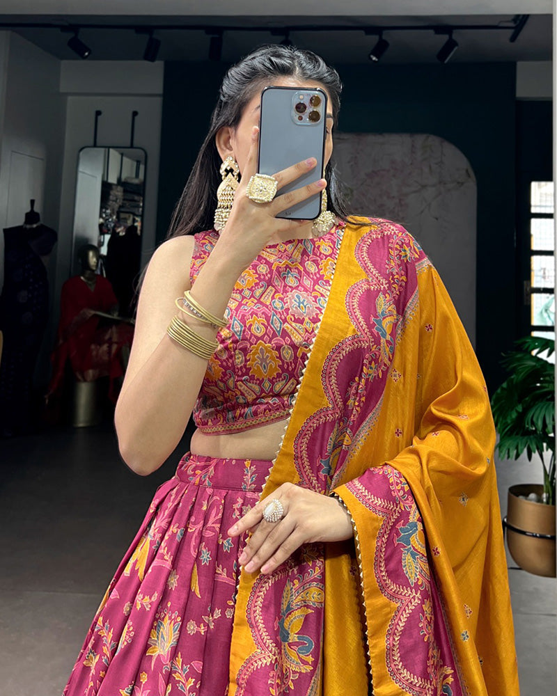 Pink Color Tasar Silk Foil Printed Lehenga Choli