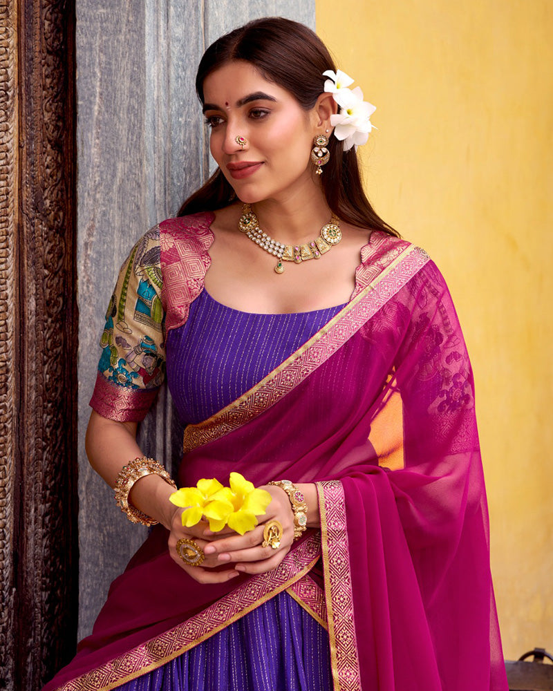Purple Color Poly Chanderi Kalamkari Printed Lehenga Choli