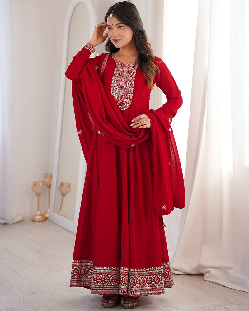 Dark Red Color Vichitra Silk Embroidered Gown