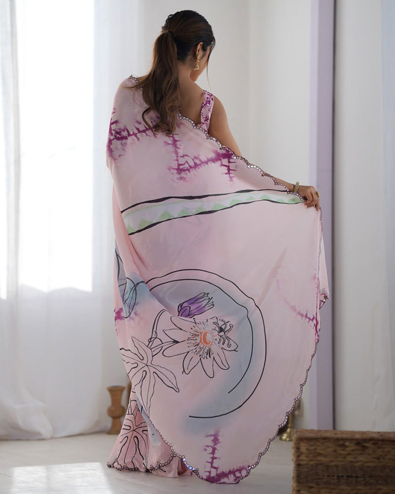 Baby Pink Color Chinnon Silk Printed Saree