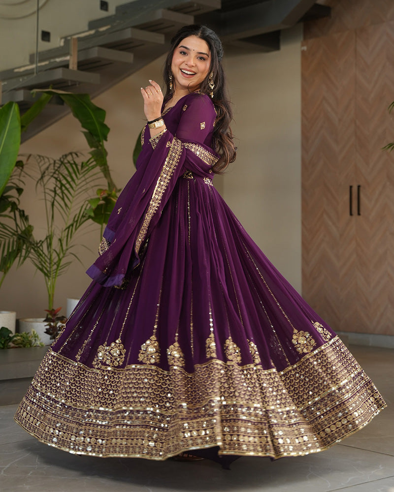 Royal Purple Color Faux Blooming Gown With Embroidered Dupatta