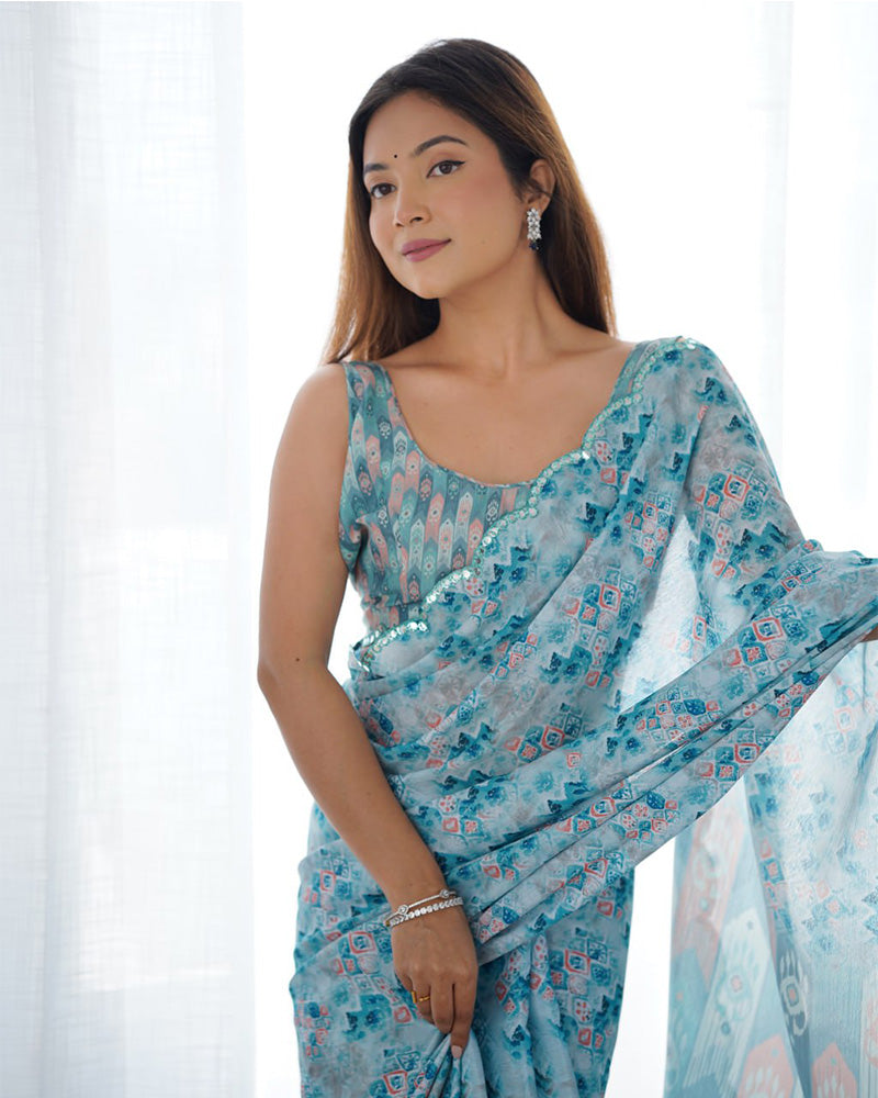 Sky Color Chinnon Silk Printed Saree