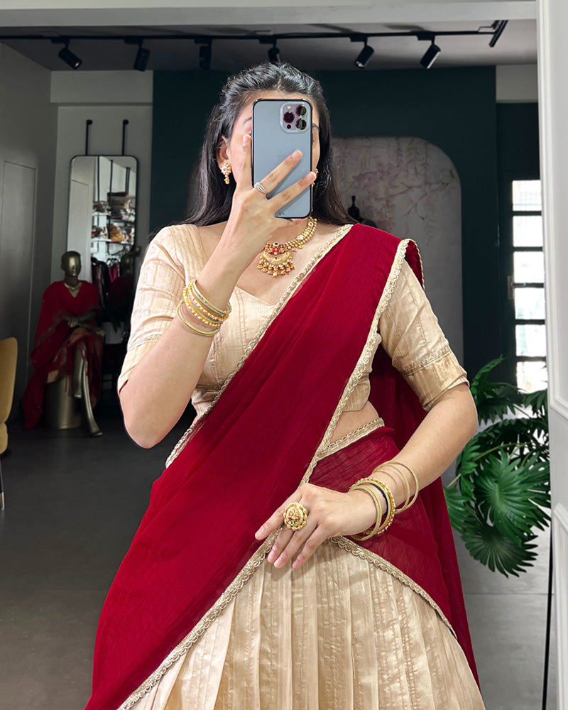 Cream Color Handloom Silk Zari Weaving Half Saree