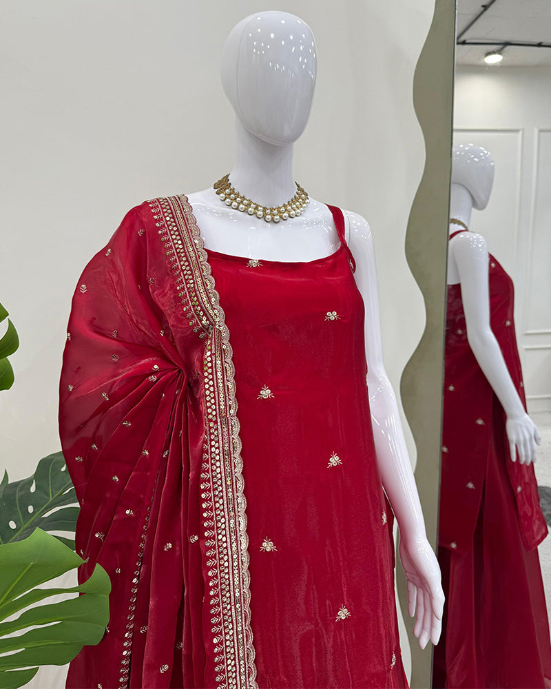 Maroon Color Soft Organza Plazzo Suit