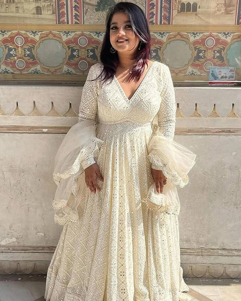 White Color Pure Georgette Embroidered Gown
