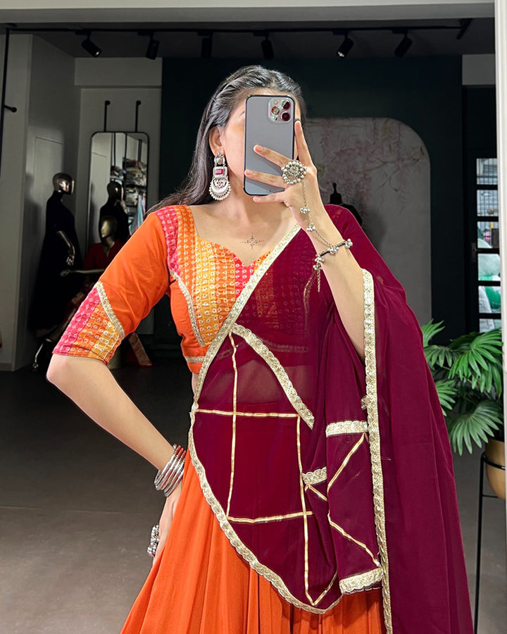 Orange Traditional Rayon Bandhej Lehenga Choli For Navratri