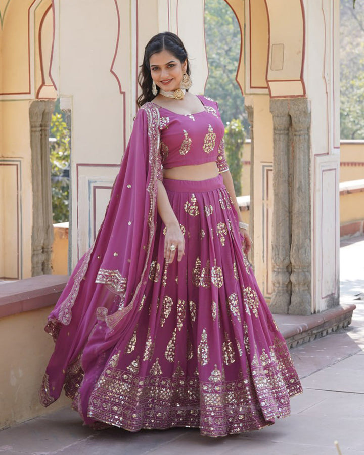 Wedding Wear Onion Color Georgette Embroidery Lehenga Choli